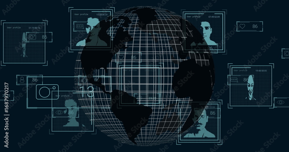 Aufkleber visualizing central wireframe globe spinning in data dashboard, with floating ui panels and icons