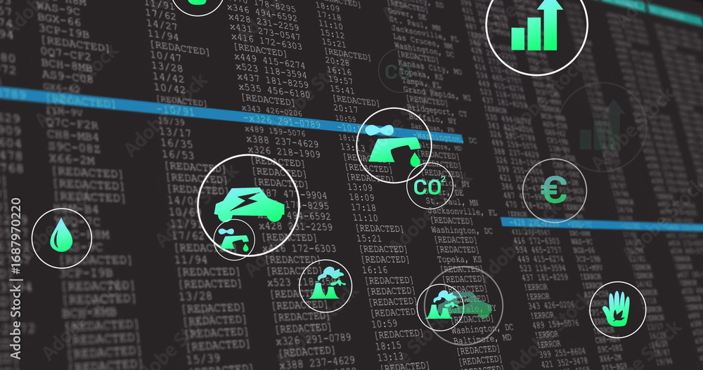 Poster showcasing dashboard on computer display featuring redacted code with neon blue bars, green icons