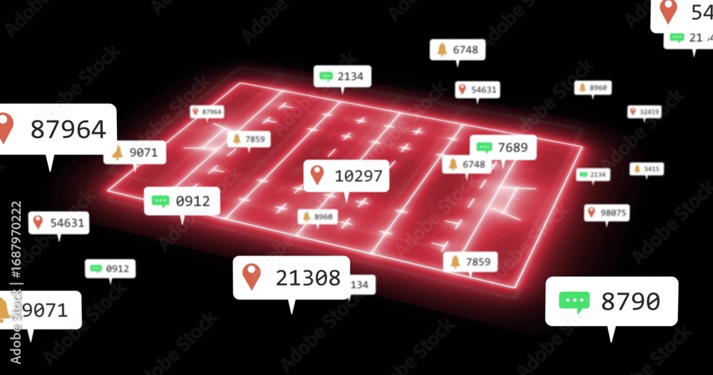 Aufkleber red grid displaying in data space, floating labels with map pin chat notification icons and numbers