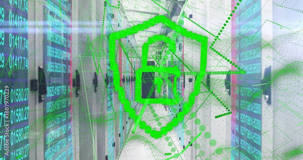 Poster hovering shield with unlocked padlock highlighting server racks in server room, with data streams