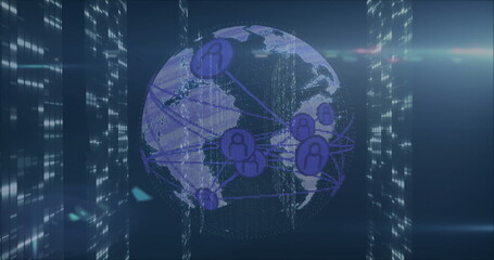 Floating globe at data hub, with purple user icons connecting via lines amid cascading code streams