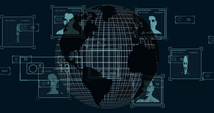 Visualizing central wireframe globe spinning in data dashboard, with floating UI panels and icons