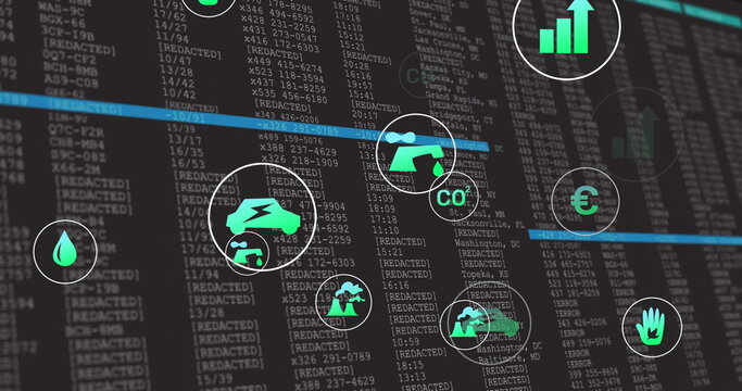 Showcasing dashboard on computer display featuring redacted code with neon blue bars, green icons
