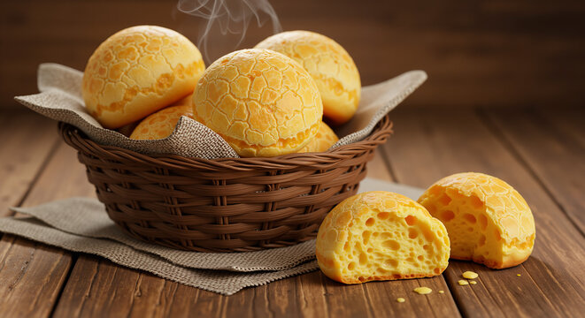 Pão de Queijo, photorealistic image of Brazilian cheese bread in rustic basket, golden baked crust, traditional snack, great for menus, recipe books, social media content - Powered by Adobe