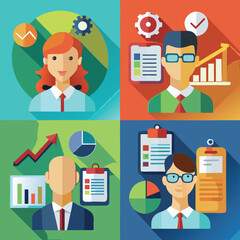 Flat modern colourful icon with long shadows showing report, chart, teamwork, and calendar.