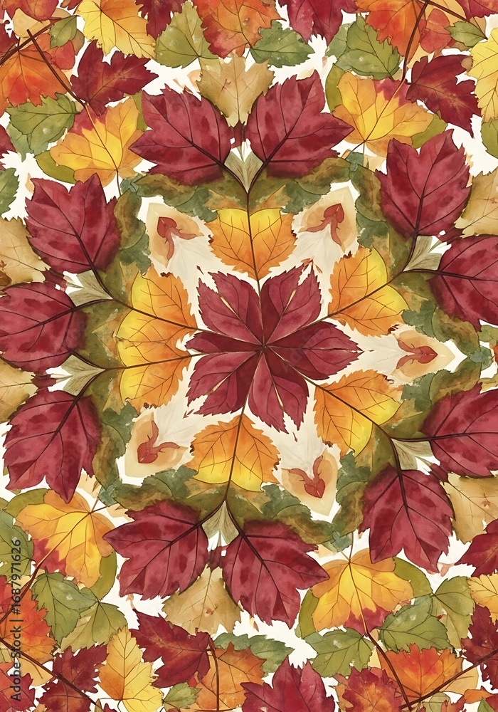 Poster kaleidoscopic arrangement of autumnal foliage in earth tones creating a mesmerizing pattern of color