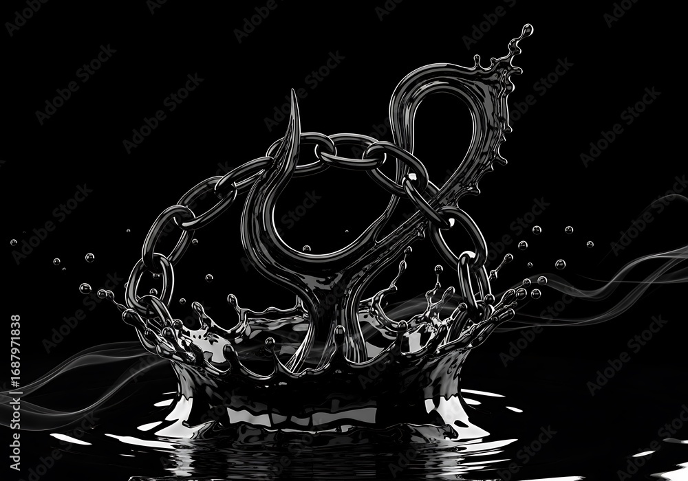 Poster liquid metal crown formed by a splash and adorned with a chain against a dark backdrop creating a ca