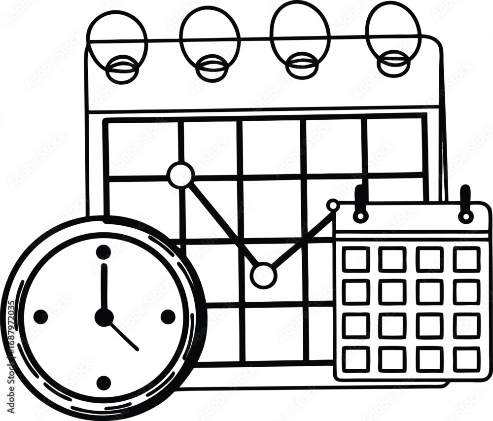 Poster ultra clean single line icon of chart + calendar + deadline clock + teamwork.