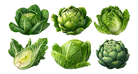 Fototapeta premium Fresh Green Cabbages and Lettuce Varieties on Transparent Background