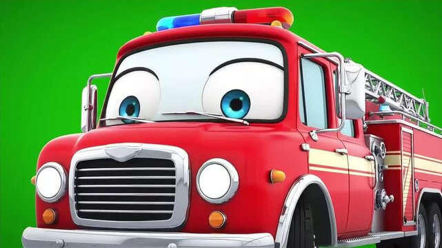 Animated Fire Truck Character Driving Forward on Green Screen Background in 3D Style