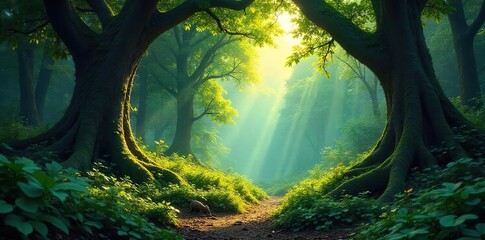 Dense, ancient forest teeming with untamed life Sunlight filters through the canopy, illuminating a lush, vibrant undergrowth Wild, untamed beauty , insects, adventure, lush