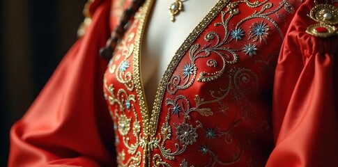 Intricate, handcrafted costume details showcase luxurious materials and meticulous embroidery, highlighting the high cost of elaborate design , texture, beads
