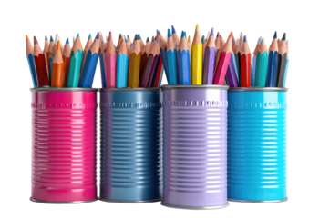 Colorful pencils in a row of four brightly colored metal tins