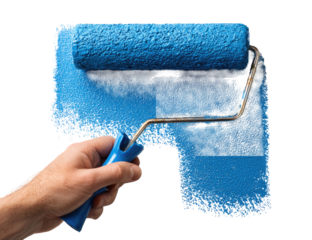 Close-up of hand holding paint roller, applying vibrant blue paint