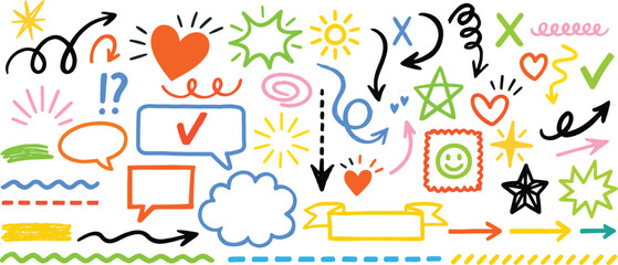 Hand-drawn doodle style vector set with arrows, symbols, hearts, stars, and highlights. Perfect for school notes, presentations, planners, and creative designs in an informal sketch style.