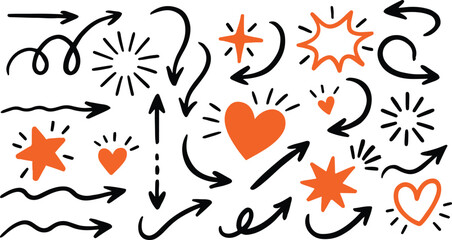 Naklejka premium Hand-drawn doodle style vector set with arrows, symbols, hearts, stars, and highlights. Perfect for school notes, presentations, planners, and creative designs in an informal sketch style.