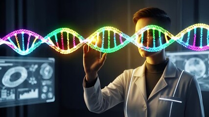 Futuristic medical professional interacts with a vibrant, holographic DNA helix, symbolizing advanced genetic research and innovative health solutions in a cutting-edge laboratory environment - Powered by Adobe