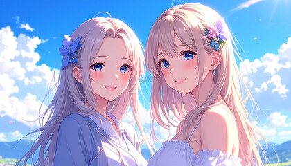 Anime style beautiful girls smiling under blue sky with flowers