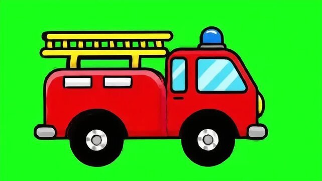 Cartoon Fire Truck Driving with Ladder on Top in Bright Green Background