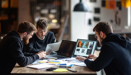Three men wearing glasses and black sweaters sit at a wooden table, using laptops and reviewing documents during a collaborative work session.