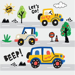 Fototapeta premium Cute Cartoon Off road Cars with Road and Trees Vector for Kids