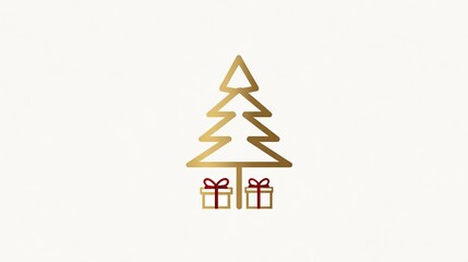 Minimal Golden Line Art Christmas Tree with Gift Boxes (Brand Logo & Holiday Card)