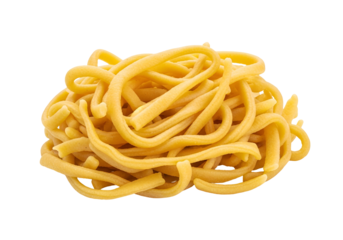 A close-up of a heap of uncooked pasta, showcasing its light golden-yellow color and slightly irregular strands, presented against a pure black background.