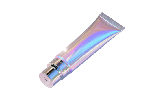 A holographic, iridescent tube of cosmetic product.  A tube of cream or lotion,  with a metallic, reflective finish, displaying a spectrum of iridescent colors,  likely a skincare item