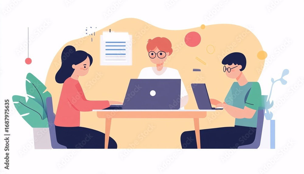 Poster three individuals are seated at a table, each using a laptop, working together on a shared project i