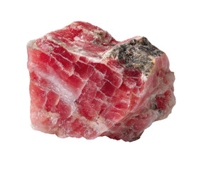 Close-up of a raw, rough pink mineral specimen.  It's irregularly shaped with visible striations and layers of varying shades of pink.  Dark gray/black patches are present on the exterior