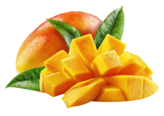 Ripe mango segments and whole fruit.  Fresh, juicy mango slices are arranged next to a whole mango, all vibrant yellow-orange.  Green leaves frame the fruit