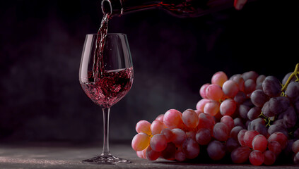 Red wine is poured into the glass, next to it there is an elegant bunch of grapes on a black background
