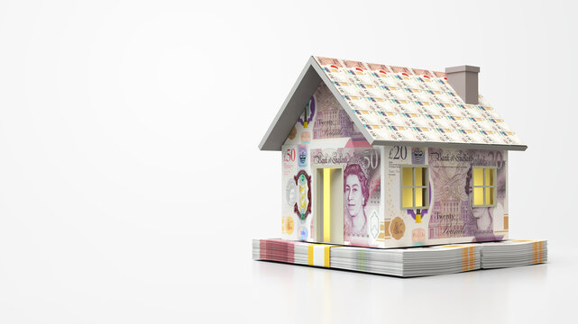 A model house made of british pound banknotes on a white background with copy space