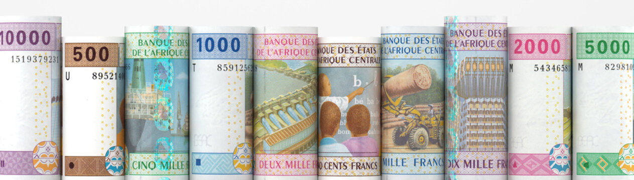 Rolled up central African CFA franc banknotes standing in a row on a white background