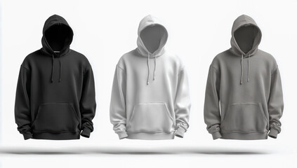 Set of black, white, and grey hooded sweatshirts with no face on an isolated background.
