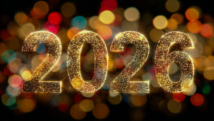 The golden numbers 2026 in the center of the picture, glittering with gold and silver lights on a black background