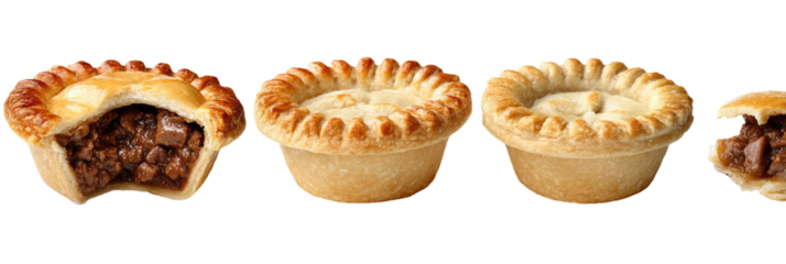 Four small meat pies, golden-brown crusts, one partially opened, showing filling