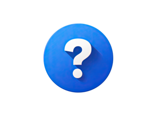 A bright, vibrant blue circular button with a prominent white question mark