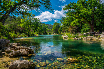 The Guadalupe River in the spring, blue water, green trees, rocks on the shore, clear sky, professional photography in the style