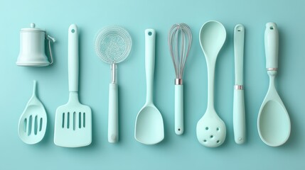 Kitchen utensils arranged on blue surface