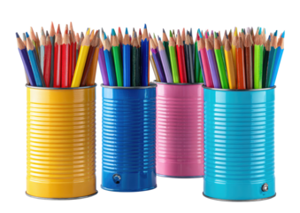 Colorful pencils in three brightly colored metal tins