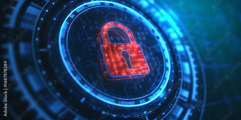 Poster cyber security digital lock background – futuristic data protection encryption technology design.