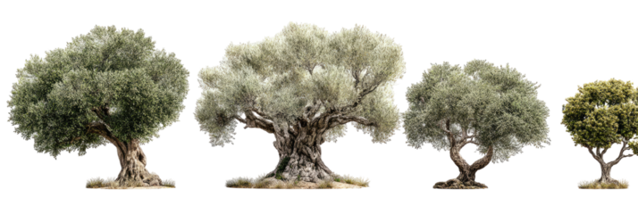 Four olive trees of varying shades of green and light gray, set against a black background.  Mature, full-bodied trees with visible intricate branches and gnarled trunks