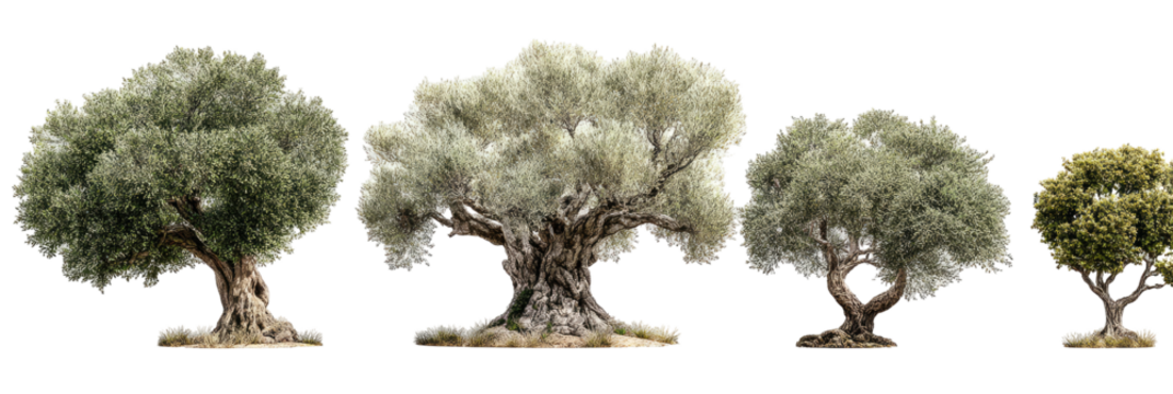 Four olive trees of varying shades of green and light gray, set against a black background.  Mature, full-bodied trees with visible intricate branches and gnarled trunks