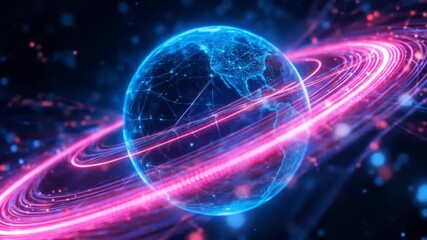 A digital globe rotates in cyberspace with neon light lines data stream, futuristic 3D global network communication technology in the modern digital era. 4k video - Powered by Adobe