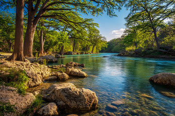 The Guadalupe River in the spring, blue water, green trees, rocks on the shore, clear sky, professional photography in the style