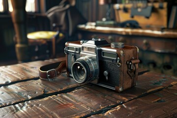 Flawless Image of Old Fashioned Camera and Leather Suitcase on Wooden Table