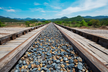 The long iron belt is filled with pebbles and rocks, and the distant green mountains under a blue sky can be seen in the background