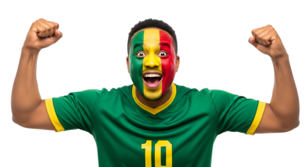 Senegalese Fan Celebrates Victory with Flag Painted Face Isolated on Black Background
