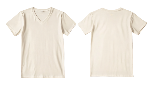 Plain Cream V-neck T-shirt mockup featuring front and back views, perfect for design presentations, customization, and branding on a transparent background